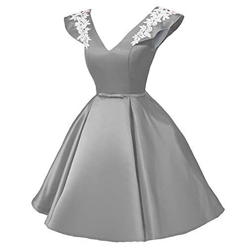 V Neck White Lace Short Satin Formal Prom Homecoming Dresses Cocktail Gray US 14