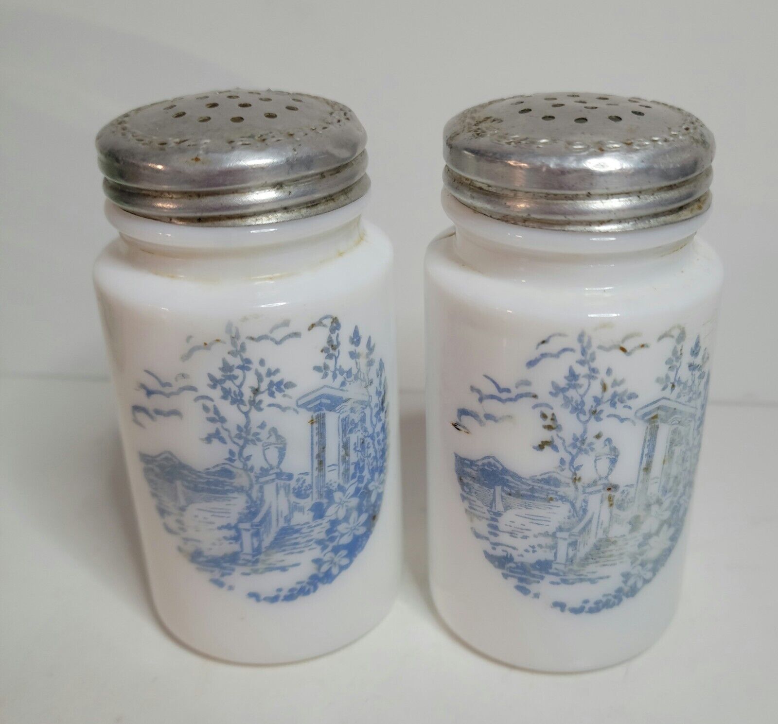 Salt & Pepper shakers Anchor Hocking Vitrock Milk Glass with Blue Transfer - $29.00