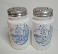 Salt &amp; Pepper shakers Anchor Hocking Vitrock Milk Glass with Blue Transfer - £23.32 GBP