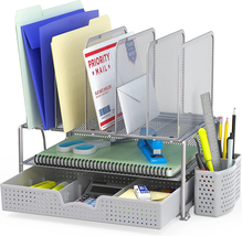 Silver Mesh Desk Organizer with Sliding Drawer Double Tray and 5 Upright Section - £35.27 GBP