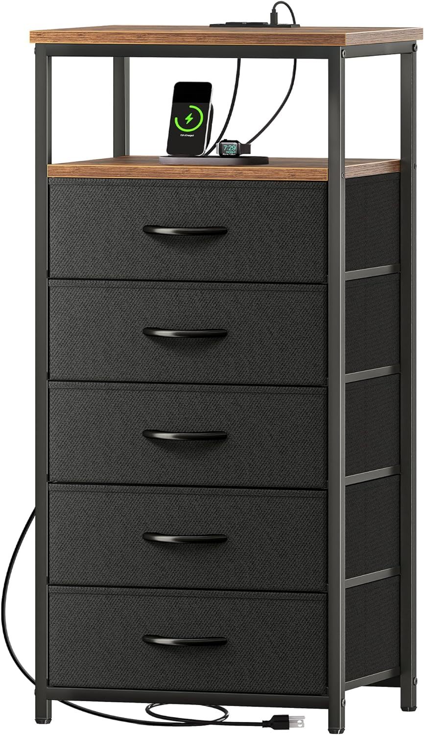 5 Drawers Dresser With Charging Station, Dresser For Bedroom, Tall Night... - $46.95