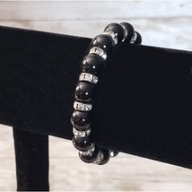 Vintage Bracelet - Black &amp; Silver Tone with Clear Gems Stretch Bracelet - £8.37 GBP