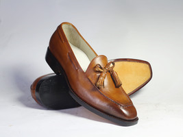 Handmade Men&#39;s Brown Leather Tassel Loafer Shoes, Men Dress Formal Fashion Shoes - £116.53 GBP