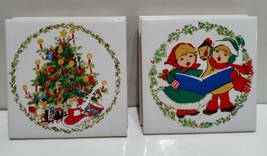 4 Vintage Jasco Christmas Coasters Ceramic Tiles 4x4 Carolers Tree Footed  - £16.08 GBP