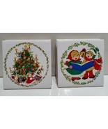 4 Vintage Jasco Christmas Coasters Ceramic Tiles 4x4 Carolers Tree Footed  - £16.25 GBP