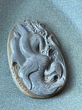 Finely Carved Large Mustard &amp; Gray Mermaid w Dolphin Oval Pendant or Other Use – - £30.48 GBP