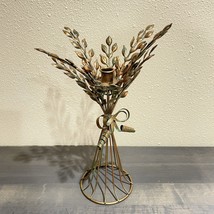 Copper Colored Distressed Wheat Bouquet Leaves Pillar Candle Holder With Bow - £11.64 GBP