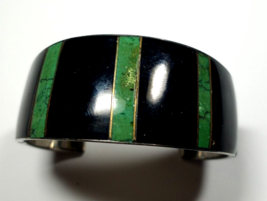 Vintage Silver Color &amp; Enamel Very Small 2&quot; Green &amp; Black Striped Cuff Bracelet - $12.99