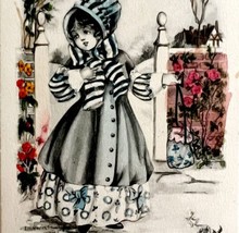 Victorian Greeting Card Hand Colored Postcard Meet Again Girl In Bonnet ... - £15.95 GBP