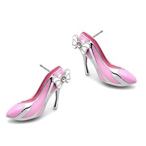 Stainless Steel Pink High Heel Shoe with Pink Crystal Bow Earrings TK316 - £9.11 GBP