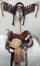 Handmade Western Saddle Set Brown Leather Feather Paint Tooling Fringe H... - $316.80+