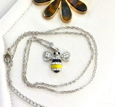 Queen Bee Bumble Bee Yellow Enamel Rhinestone Necklace Silver Tone - £10.43 GBP