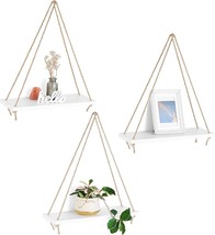 Mkono Wood Hanging Shelves For Wall Boho Decor Swing Rope Rustic Floating, White - £26.37 GBP