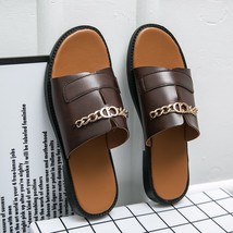 Mens Brown Fashion Palm Slippers Designer Summer Sandals Pu Leather Men Versatil - £40.77 GBP