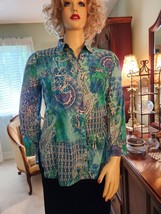 Chico&#39;s Sz 2 Blue Green Floral Paisley Button Front Soft Tunic Shirt Top Blouse - £19.41 GBP