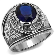 RING U.S. NAVY STAINLESS STEEL WITH BLUE SYNTHETIC CRYSTAL STONE TK414707 - $39.55