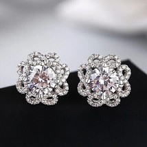 2.50Ct Round Real Natural Moissanite Flower Stud Earrings 14K White Gold Plated - £241.11 GBP