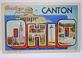 Greetings From Canton Ohio Large Big Letter Linen Postcard Curt Teich 1945 Flags - £30.35 GBP