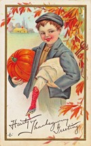 YOUNG BOY CARRYING DEAD TURKEY &amp; PUMPKIN-EMBOSSED HEARTY THANKSGIVING PO... - $9.20