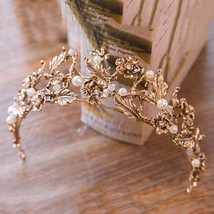 Baroque Crown Gold Color  s Beaded Tiaras Headbands for Women Girls Bride Weddin - £15.17 GBP