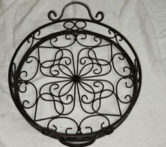 Metal Ornate Serving Tray Wrought Iron Style 14 Inch Wall Hanging Bar De... - $24.99