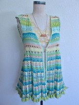 Free People Boho Crocheted Vest M S Pastel Blue Green Yellow Peach Ruffl... - $28.99