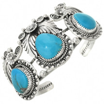 Native American Navajo Sterling Silver Kingman Turquoise 3 Stn Bracelet s6-7 - £258.20 GBP