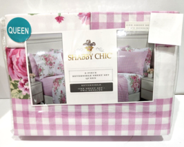6PC Shabby Chic Pink Roses Check queen Sheet Set Floral Cottage Farmhouse - £50.59 GBP