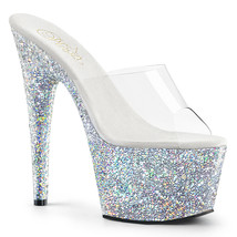 PLEASER Sexy 7&quot; Heel Silver Hologram Glitter Platform Slip On Stripper Shoes - £52.71 GBP