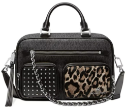 Michael Kors Elliot Black Logo Silver Stud Leopard Md Utility Camera Bagnwt - £260.18 GBP