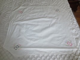 Handmade CROSS STITCH Linen CARD Tie-On TABLECLOTH - 37&quot; x 32&quot; - $9.90