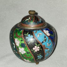 Japanese Cloisonne Ginger Jar with Lid Brass Enamel Butterfly Green Flower - $96.03