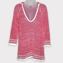 TOMMY BAHAMA pink &amp; white linen blend open knit hooded tunic sweater siz... - £22.37 GBP