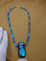 (D1H-665) stained glass DICHROIC Fused PENDANT 19&quot; lapis + turquoise Necklace - £75.20 GBP