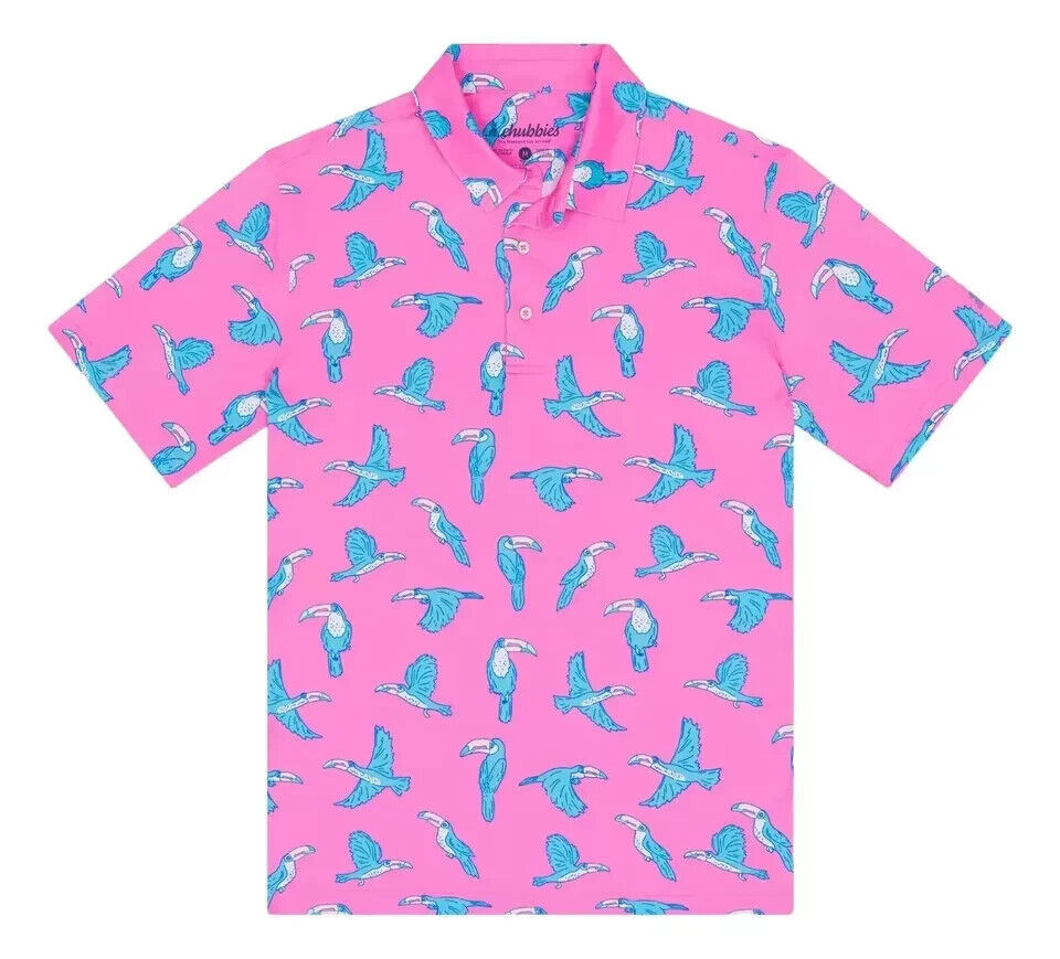 Chubbies Men&#39;s Lightweight &quot;The Toucan Do It&quot; Golf Polo Parrots PInk Large - $35.52
