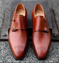Handmade Men&#39;s Stylish Wedding Double Monk Brown Genuine Leather Shoes - £126.70 GBP