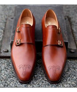 Handmade Men&#39;s Stylish Wedding Double Monk Brown Genuine Leather Shoes - $159.00