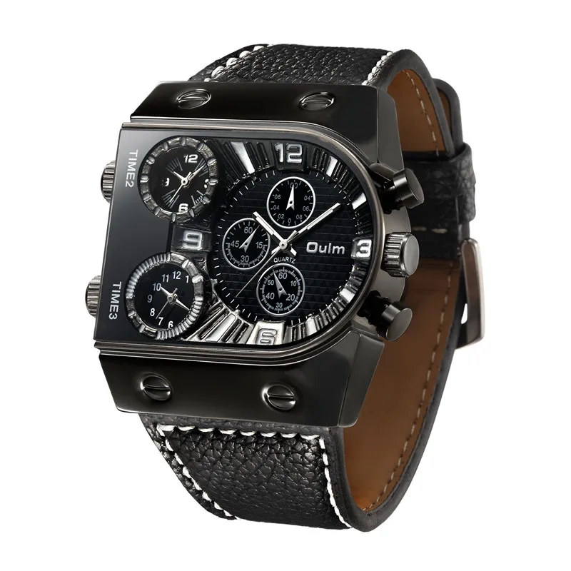 Oulm Men&#39;s  Mens Casual Leather Strap Wristwatch  Man Multi-Time Zone  Male Watc - £97.30 GBP