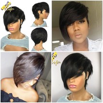 The Short Cut Wavy Bob Pixie Wigs Non Lace Front Human Hair Wigs With Bangs For  - £48.22 GBP