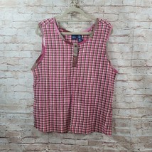 Basic Editions Women&#39;s Blouse Size 1X Pink Brown White Plaid Crinkle Stretch Cot - £3.97 GBP