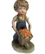 Porcelain Figurine Boy with Flowers in Wheel Barrow Wearing Coveralls Po... - £9.03 GBP