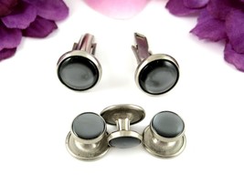Gray Thermoset Cufflinks &amp; 3 Button Studs Vintage Silvertone Grey Rounds Classy - £9.51 GBP