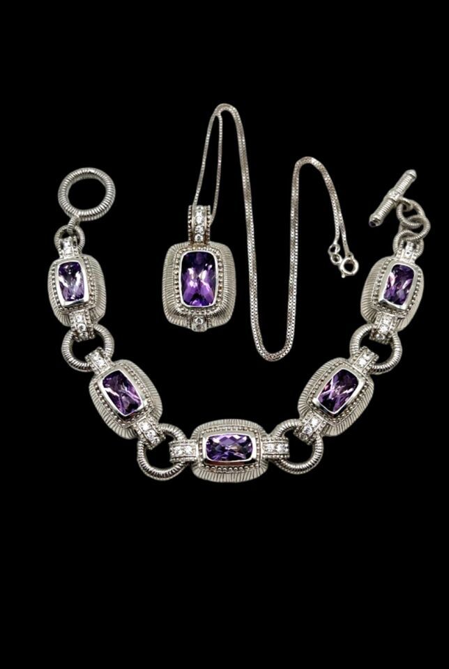 Primary image for Judith Ripka Heavy Sterling Silver Amethyst CZ Necklace Bracelet Jewelry Set