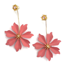 Pink Salmon Double Flower Dangle Pierced Earrings - £12.69 GBP