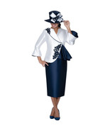 GMI  Church Dress   Skirt Suit Navy &amp; White Peplum Jacket with Floral Ap... - $158.77