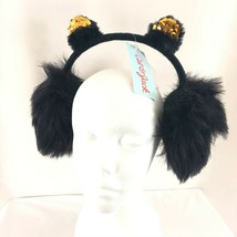 Cat &amp; Jack Girls Earmuffs Headband Cat Ears Sequins Faux Fur Black Gold One Size - £3.94 GBP