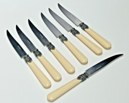 7 Eme Silver Napoleon Ivory Non MOP Handled Serrated Steak Knives Flatwa... - $67.32