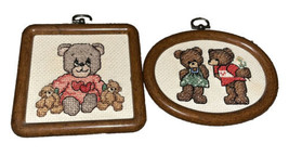 2 Vintage Framed Cross Stitch Teddy Bears Completed Square 4”x4” Oval 3x 5” - £7.70 GBP
