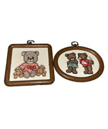 2 Vintage Framed Cross Stitch Teddy Bears Completed Square 4”x4” Oval 3x 5” - £7.57 GBP