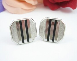 SWANK Silvertone CUFFLINKS Pair Flat BLACK ENAMEL LINE Vintage Square Re... - £18.68 GBP